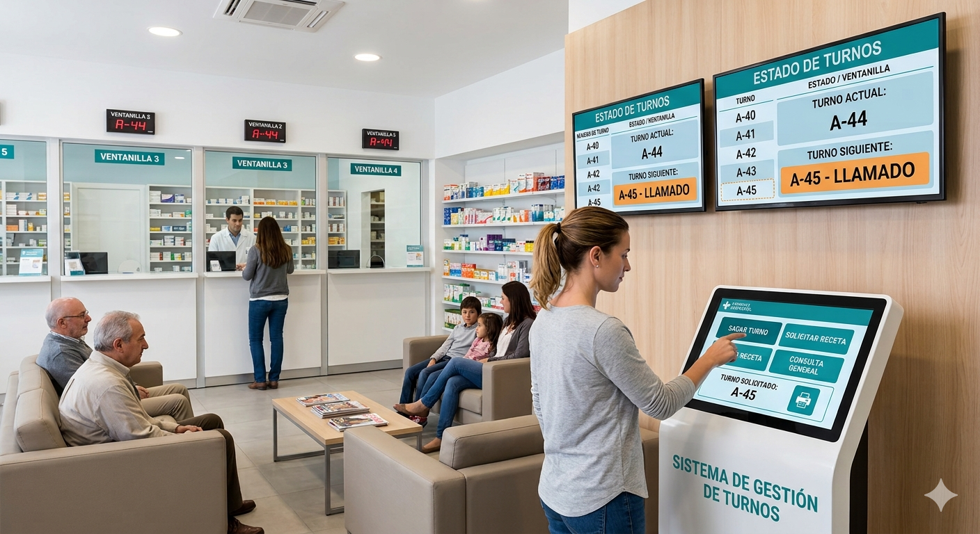 Kiosco de autogestión y pantallas de turnero digital en una farmacia